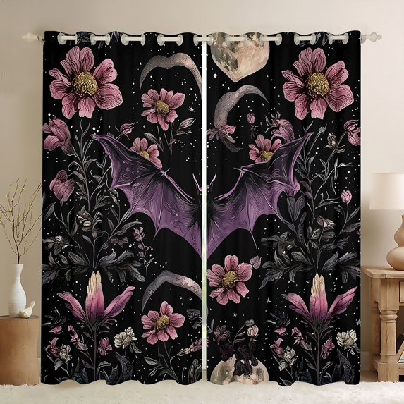 Homewish Boho Gothic Bat Blackout Curtains Set of 2 (52x84 Each) for Teens, Groovy Flower Botanical Window Curtains, Mystic Moon Galaxy Curtains and Drapes, Window Curtains Decor