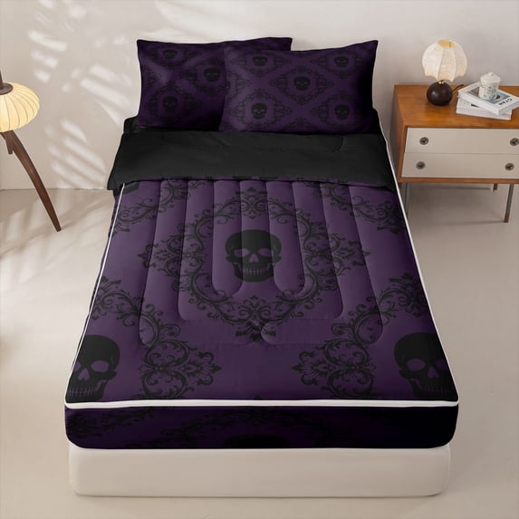 Homewish Boho Hipple Skull Zipper Full Size Comforter Sets with Fitted Sheet and 2 Pillowcases,Vintage Purple Damask Zipper Bedding Set,Halloween Gothic Bed Set,Black Reversible,4pcs