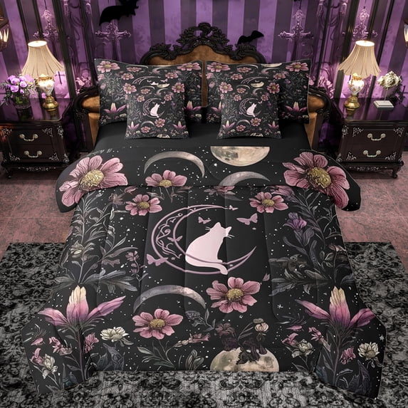 Homewish Boho Kawaii Cat Bedding Comforter Set 7 Pieces for Teens, Groovy Flower Botanical Full Bedding Set, Dreamy Stars Moon Galaxy Reversible Fitted Sheet Flat Sheet, Breathable Home Decor