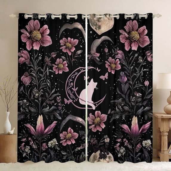 Homewish Boho Kawaii Cat Blackout Curtains Set of 2 (52x84 Each) for Teens, Groovy Flower Botanical Window Curtains, Dreamy Stars Moon Galaxy Curtains and Drapes, Curtains and Drapes Home Decor