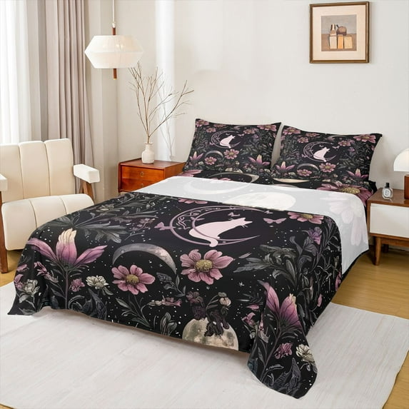 Homewish Boho Kawaii Cat Twin Sheet Sets for Teens, Groovy Flower Botanical Twin Fitted Sheet, Dreamy Stars Moon Galaxy Flat Sheet, Breathable Home Decor, 3pcs