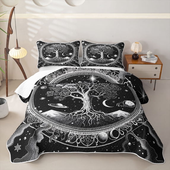 Homewish Boho Life Tree Twin Quilt Set,Dark Starry Night Twin Coverlet Set,Black White,2pcs