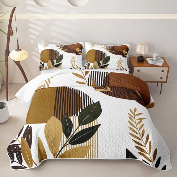 Homewish Boho Minimalist Lines Quilt King,Aesthetic Geometric King Coverlet Set,White Brown,3 Pieces