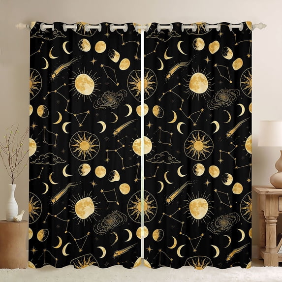 Homewish Boho Moon Phase Kitchen Curtains, Galaxy Astrology Stars Black Out Curtains Pack of 2 (42x63 Each)