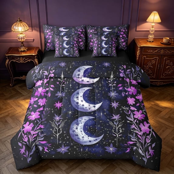 Homewish Boho Moon Stars Queen Bedding, Purple Floral Bedding Comforter Set Queen, Black Reversible 7 Pieces