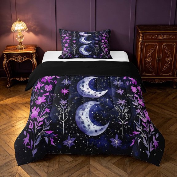 Homewish Boho Moon Stars Twin Comforter Sets, Purple Floral Bedding Set, Black Reversible 2 Pieces, 1 Comforter and 1 Pillowcase