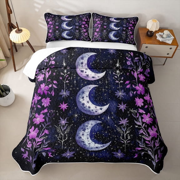 Homewish Boho Moon Stars Twin Quilt Set, Purple Floral Twin Coverlet Set, 2-Piece 1 Bedspread and 1 Pillowcase
