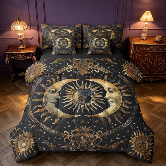 Homewish Boho Moon Sun Twin Bedding, Retro Floral Flower Bedding Comforter Set, Black Reversible 7pcs