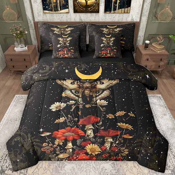 Homewish Boho Moth 7-Piece Bedding Comforter Set,Colorful Flower Mushroom King Bedding Sets,Rustic Plant Daisy Bed Sheets For Teens,Luxury Bedroom Decor Reversible