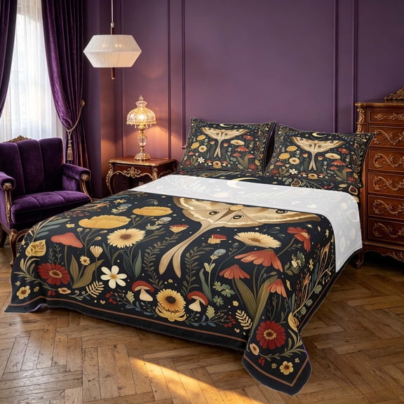 Homewish Boho Moth Queen Sheets, Hippie Flower Mushroom Queen Sheet Sets, 4 Pieces, 1 Flat Sheet, 1 Fitted Sheet and 2 Pillowcases
