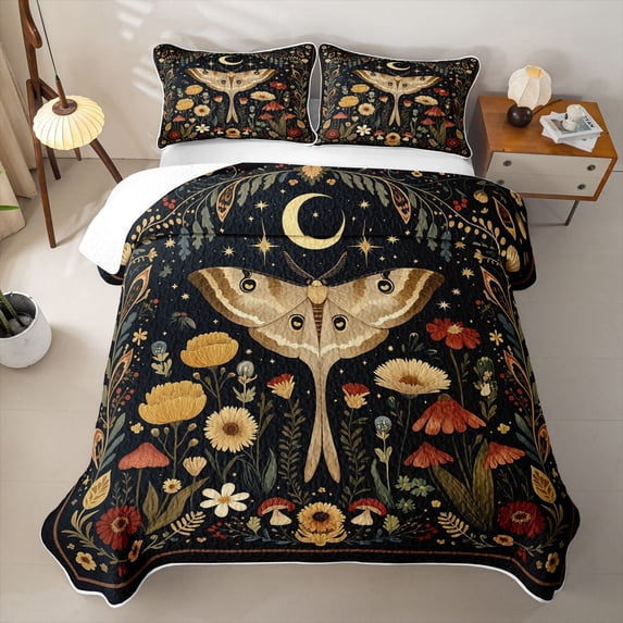 Homewish Boho Moth Twin Quilt Set, Hippie Flower Mushroom Twin Coverlet Set, 2 Pieces 1 Bedspread and 1 Pillowcase