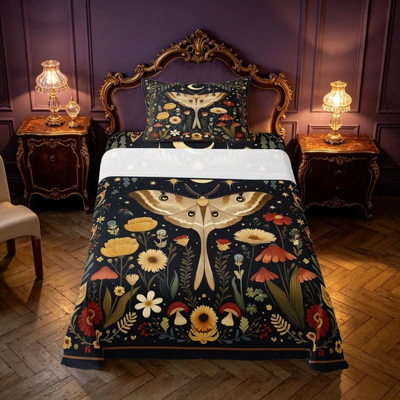 Homewish Boho Moth Twin Sheets, Hippie Flower Mushroom Bedding, 3pcs, 1 Flat Sheet, 1 Fitted Sheet and 1 Pillowcase