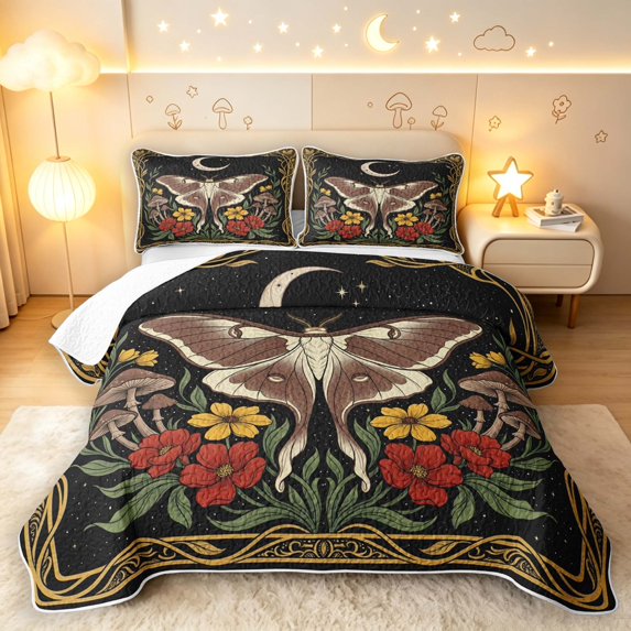 Homewish Boho Moths Twin Quilt Set,Wild Floral Mushroom Twin Coverlet Set,Black Gold,Black Reversible,2pcs