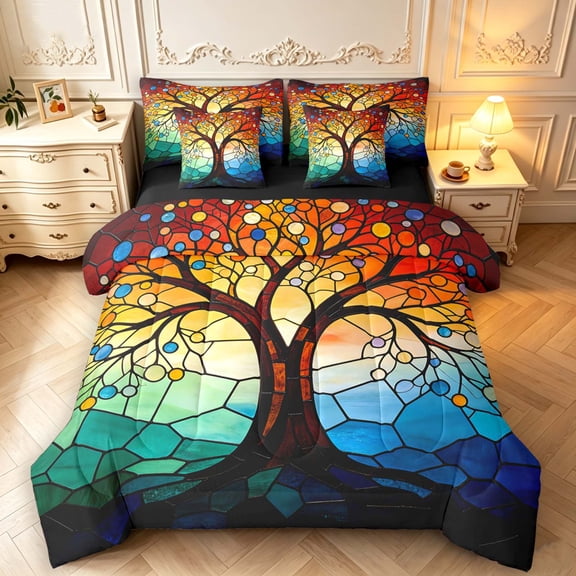 Homewish Boho Nature Tree 7 Pieces Full Size Bedding Sets,Rainbow Gradient Glass Full Size Bed in a Bag,Black Reversible