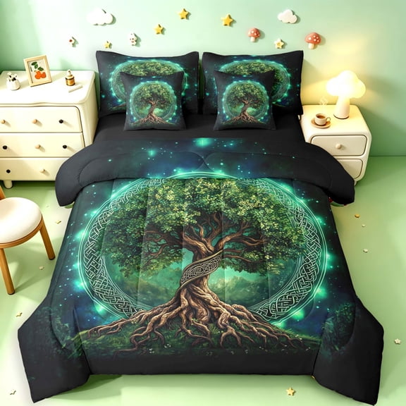Homewish Boho Nature Tree 7pcs Queen Bedding,Botanical Design Bedding Comforter Set Queen,Green,Black Reversible