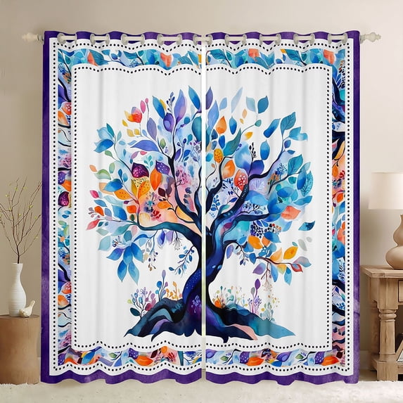 Homewish Boho Nature Tree Blackout Curtains Set of 2 (52x84 Each),Colorful Botanical Art Curtain,White Blue