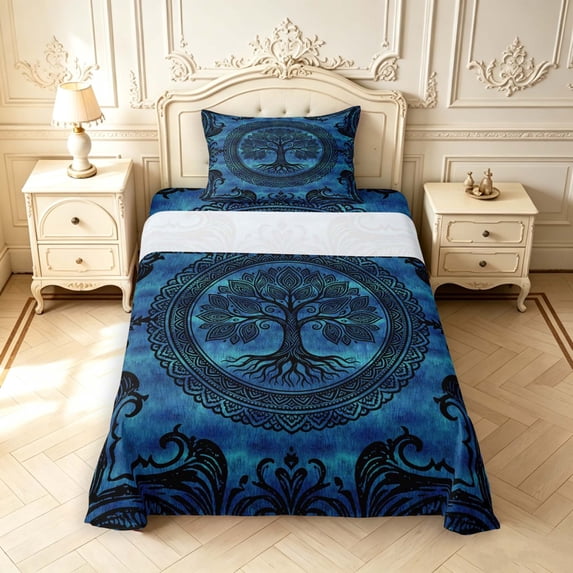 Homewish Boho Damask Nature Tree Twin Sheets,Botanical Design Bedding,Black Blue,3pcs,1 Flat Sheet,1 Fitted Sheet and 1 Pillowcase