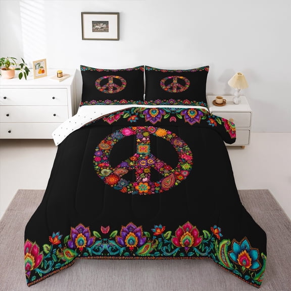 Homewish Boho Peace Sign 3 Pieces Queen Comforter Set for Female Men,Hippie Peace Symbol Ultra Soft Bedding Sets,Bohemian Flower Bedding Comforter Set Breathable,Luxury Bedroom Decor,Reversible