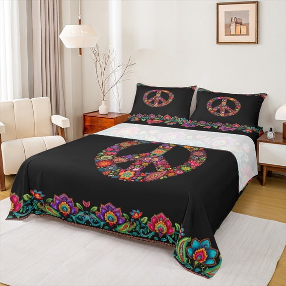 Homewish Boho Peace Sign 4 Pieces Queen Sheet Sets for Female Men,Hippie Peace Symbol Ultra Soft Flat Sheet,Bohemian Flower Queen Fitted Sheet,Luxury Bedroom Decor
