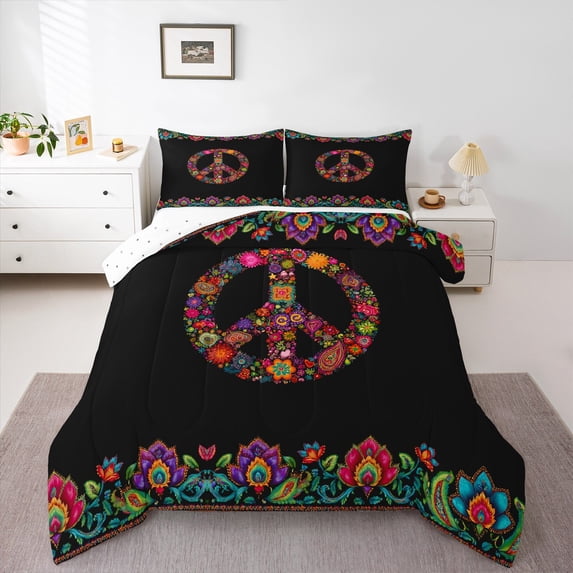 Homewish Boho Peace Sign Bedding Comforter Set 2pcs for Female Men,Hippie Peace Symbol Twin Comforter Sets Microfiber,Bohemian Flower Breathable Bedding Set,Luxury Bedroom Decor,Reversible