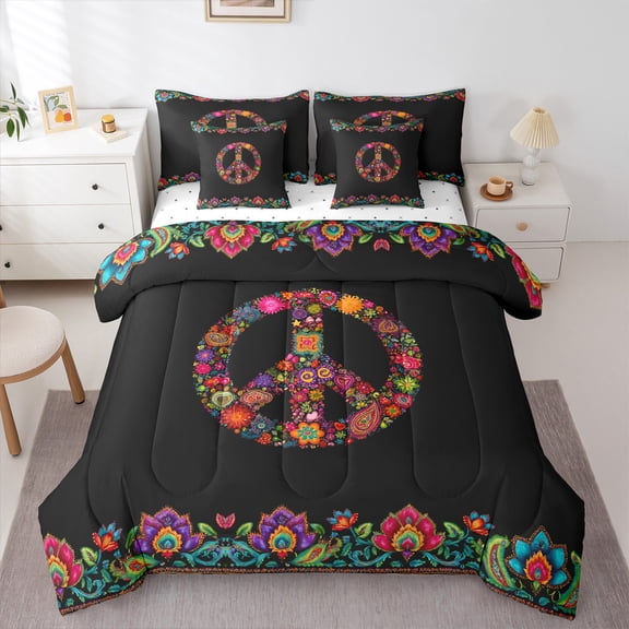 Homewish 7-Piece Twin Bedding Set - Boho Peace Sign Hippie Bohemian