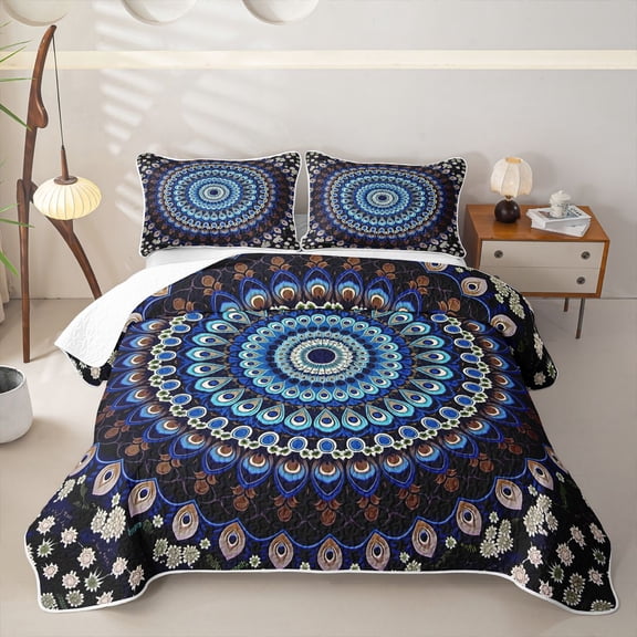 Homewish Boho Peacock Mandala Bed Spread Queen,Retro Floral Queen Coverlet Set,Navy White,3 Pieces