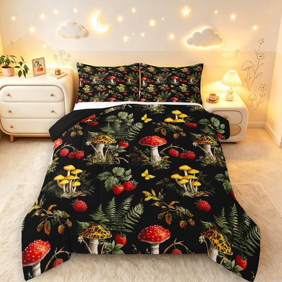 Homewish Boho Plant Mushrooms Queen Comforter Set,Vintage Botanical Comforter Sets Queen,Black,Black Reversible,3pcs,1 Comforter and 2 Pillowcases