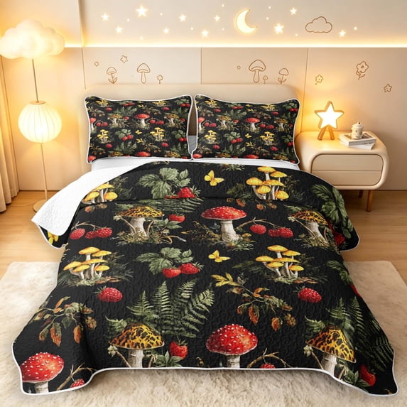 Homewish Boho Plant Mushrooms Quilt King,Vintage Botanical King Coverlet Set,Black,Black Reversible,3-Piece