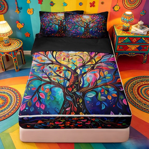 Homewish Boho Rainbow Tree Of Life Zipper Queen Comforter Set with Fitted Sheet and 2 Pillowcases,Colorful Leaf Art Modern Zipper Bedding Set For Boys,Black Reversible,4pcs