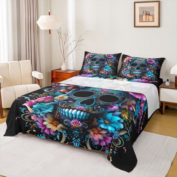 Homewish Boho Skeleton Skull Bed Sheets, Rustic Mandala Flower King Sheets, Hippie Gothic Theme Super Cozy Room Decor, 4-Piece