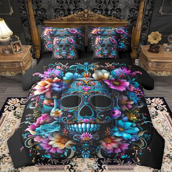 Homewish Boho Skeleton Skull Bedding Comforter Set 7pcs, Rustic Mandala Flower King Bedding Sets, Hippie Gothic Theme Reversible Bed Sheets, Super Cozy Room Decor