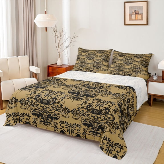Homewish Boho Skull Damask Bed Sheets,Gothic Halloween Full Size Sheets,Gold Black,4-Piece,1 Flat Sheet, 1 Fitted Sheet and 2 Pillowcases