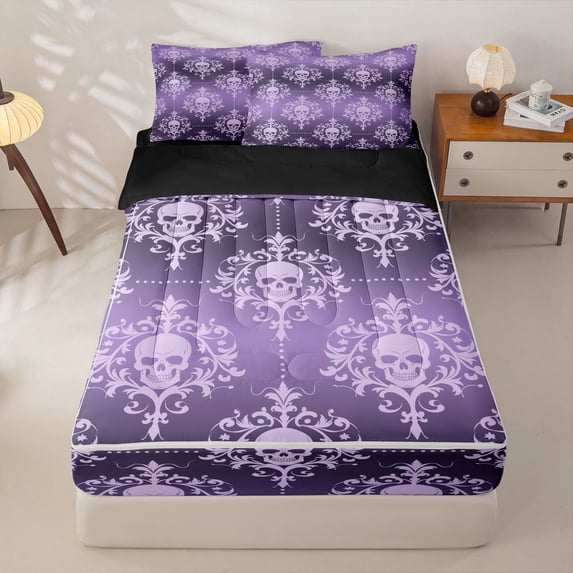 Homewish Boho Skull Damask Zipper Full Size Comforter Sets with Fitted Sheet and 2 Pillowcases,Gothic Halloween Zipper Bedding Set,Light Purple,Black Reversible,4pcs
