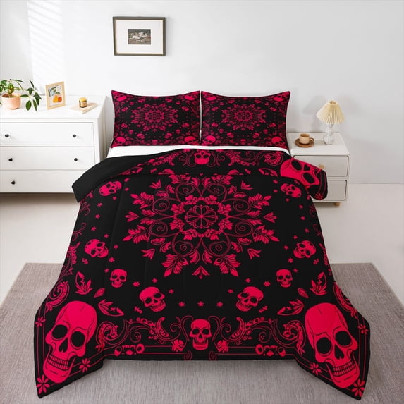 Homewish Boho Skull Full Size Comforter Sets,Hipple Mandala Bedding Comforter Set,Happy Halloween Duvet,Black Reversible,3-Piece,1 Comforter and 2 Pillowcases