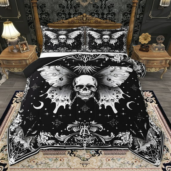 Homewish Boho Skull Moth Bedding Comforter Set,Vintage Baroque Floral Twin Comforter Sets,Retro Bohemain Theme Bedding Set For Boys Kids,Microfiber Bedroom Decor Reversible,2pcs