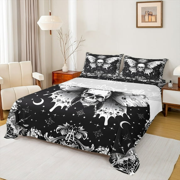 Homewish Boho Skull Moth Twin Sheet Sets,Vintage Baroque Floral Twin Fitted Sheet,Retro Bohemain Theme Flat Sheet For Boys Kids,Microfiber Bedroom Decor,3pcs