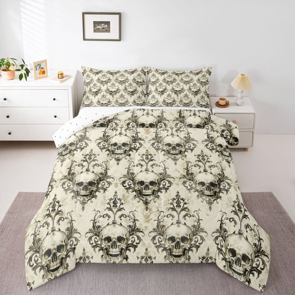 Homewish Boho Skull Skeleton Queen Comforter Set,Hipple Damask Comforter Sets Queen,Beige,Reversible,3 Pieces,1 Comforter and 2 Pillowcases