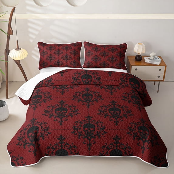 Homewish Boho Skull Skeleton Quilt King,Retro Red Damask King Coverlet Set,Halloween Duvet,3-Piece