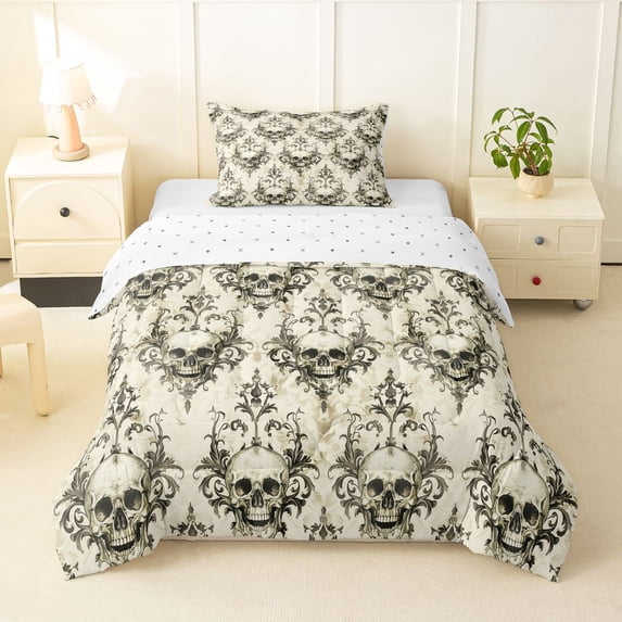 Homewish Boho Skull Skeleton Twin Comforter Sets,Hipple Damask Bedding Set,Beige,Reversible,2pcs,1 Comforter and 1 Pillowcase