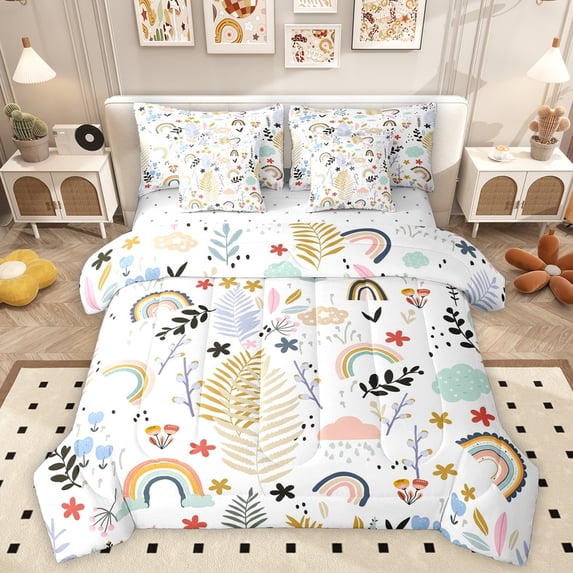 Homewish Boho Style Rainbow 7-Piece Twin Bedding Sets,Rustic Plant Leaves Bedding Comforter Set,Cute Flower Floral Sheet Sets For Girl,Breathable Home Decor Reversible