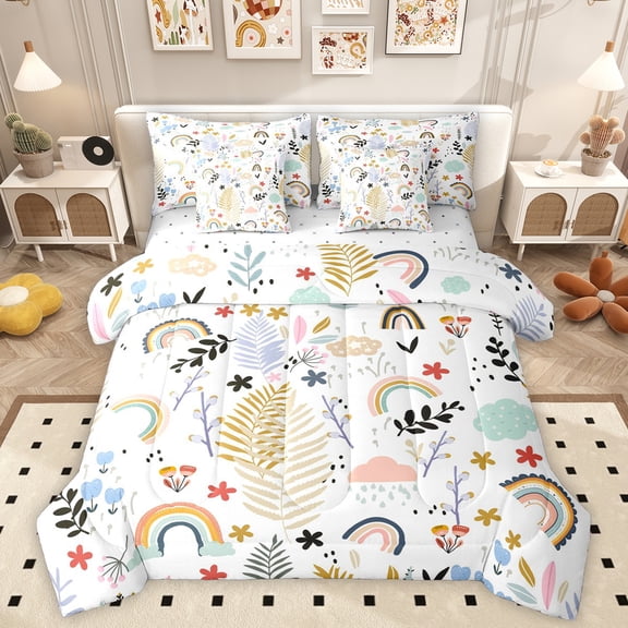 Homewish Boho Style Rainbow 7 Pieces Bedding Comforter Set,Rustic Plant Leaves Full Bedding Set,Cute Flower Floral Fitted Sheet Flat Sheet For Girl,Breathable Home Decor Reversible