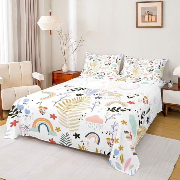 Homewish Boho Style Rainbow Bed Sheets,Rustic Plant Leaves King Sheets,Cute Flower Floral Sheet Set For Girl,Breathable Home Decor,4pcs