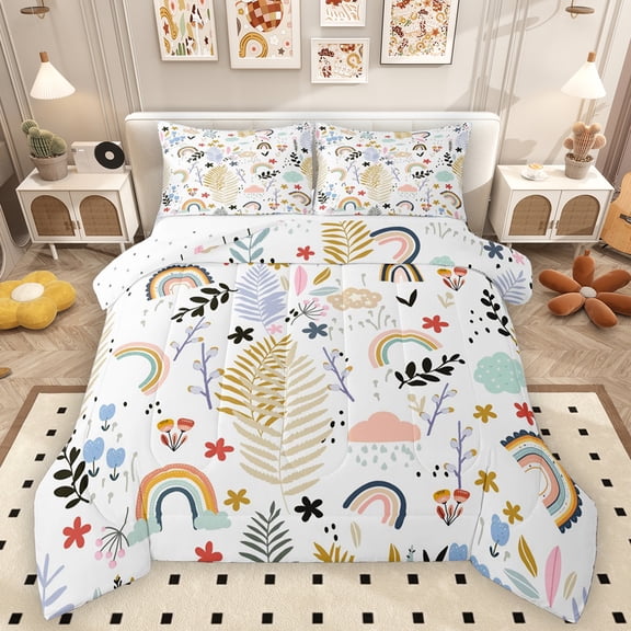 Homewish Boho Style Rainbow Bedding Comforter Set,Rustic Plant Leaves Twin Comforter Sets,Cute Flower Floral Bedding Set For Girl,Breathable Home Decor Reversible,2pcs