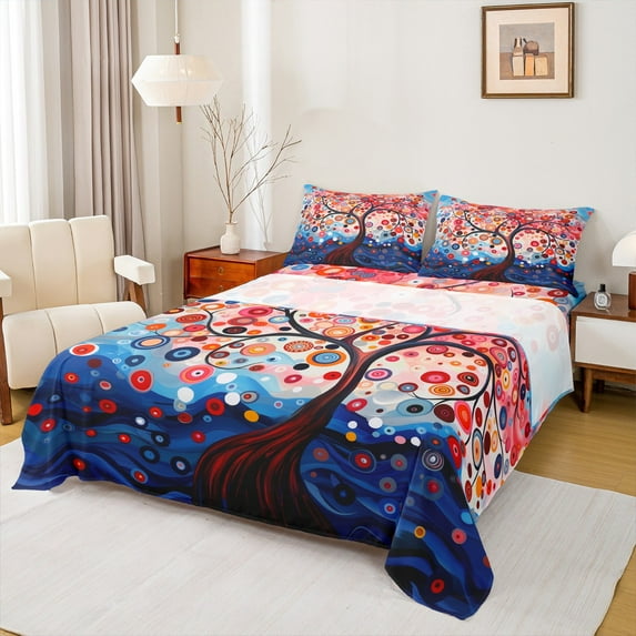Homewish Boho Style Tree Twin Sheet Sets,Vintage Bohemain Twin Fitted Sheet,Red Blue Flat Sheet For Men Women,Luxury Bedroom Decor,3pcs