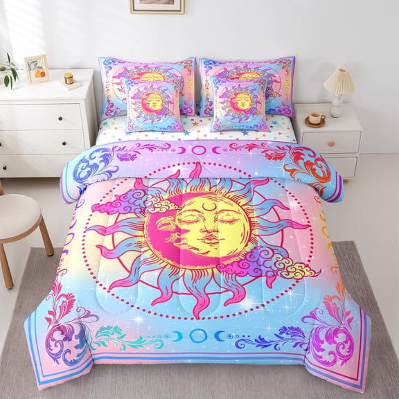 Homewish Boho Sun Moon Bedding Comforter Set 7-Piece for Teens, Tribal Damask Floral King Bedding Sets, Southwestern Style Reversible Bed Sheets, Breathable Home Decor