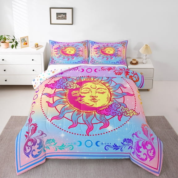 Homewish Boho Sun Moon Bedding Comforter Set for Teens, Tribal Damask Floral Twin Comforter Sets, Southwestern Style Reversible Bedding Set, Breathable Home Decor, 2pcs