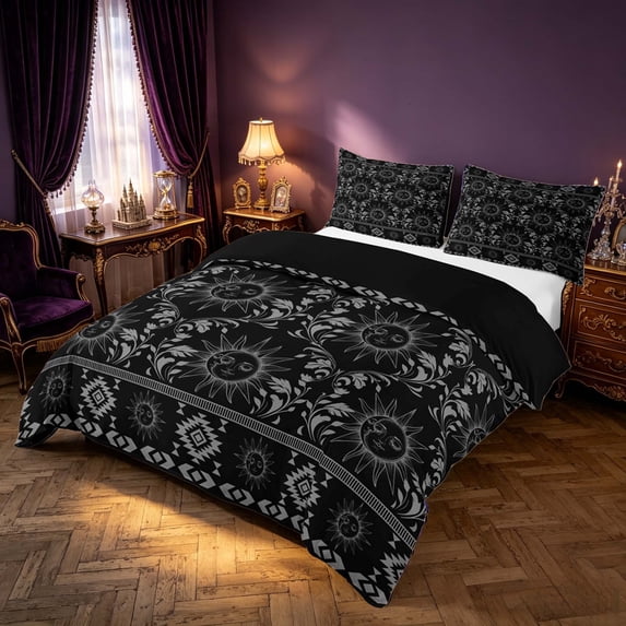 Homewish Boho Sun Moon Bedding, Victorian Damask Aztec Duvet Cover Full, Black Gray, Black Reversible 3-Piece, 1 Duvet Cover and 2 Pillowcases