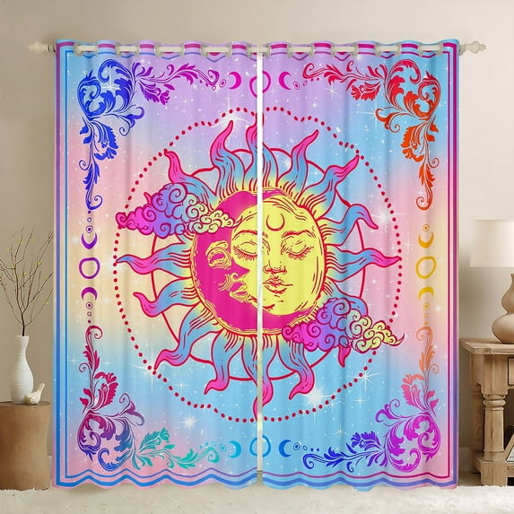 Homewish Boho Sun Moon Curtains Pack of 2 (42x84 Each) for Teens, Tribal Damask Floral Curtains Blackout, Southwestern Style Bedroom Curtains, Curtains Blackout Home Decor