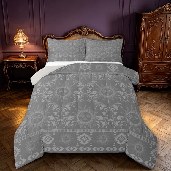 Homewish Boho Sun Moon Queen Comforter Set, Victorian Damask Aztec Comforter Sets Queen, Gray, Gray Reversible 3 Pieces, 1 Comforter and 2 Pillowcases