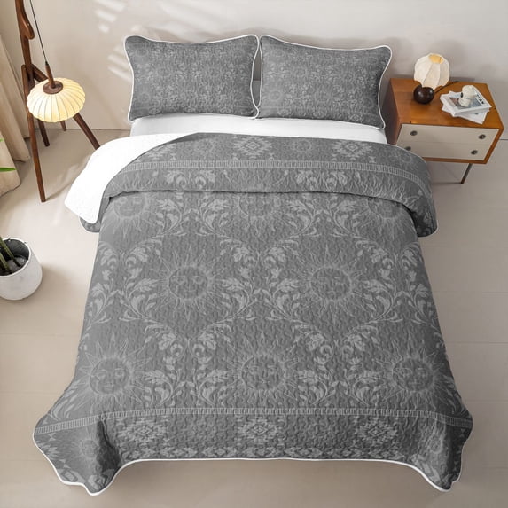 Homewish Boho Sun Moon Quilt Full, Victorian Damask Aztec Full Bedspread Sets, Gray, 3pcs 1 Coverlet and 2 Pillowcases